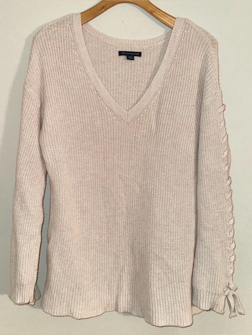 American Eagle Light Pink Sweater with Sleeve Lace-Up Detail